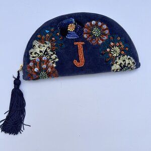 Anthropologie Anna Harlow Russo Monogram J Velvet Beaded Crescent Pouch Bag
